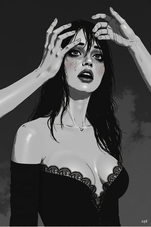 This is a highly detailed, Black and white dithered retro digital painting, featuring a pale-skinned, young woman. She is dressed in a revealing gothic-style black dress with lace trim. Two male hands are pouring a boiling liquid into her eyes and face. You can see her pain by the look on her face. The background is a muted, shadowy gradient, enhancing the eerie, mysterious atmosphere. The image is suggestive but not explicit. Horror theme

ct-pop2