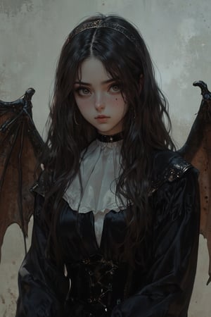 This image, likely a digital painting, showcases a young woman with pale skin and long, dark hair, dressed in a gothic nun outfit. Her large, bat-like wings add a supernatural element, suggesting a mix of innocence and darkness. The lighting is soft and diffused, creating a chiaroscuro effect that highlights her face and hands while casting shadows that enhance the gothic atmosphere. The background is a muted, neutral tone, slightly blurred to keep the focus on the girl. The use of deep blacks and subtle highlights gives the piece a haunting, ethereal quality. The composition is centered, with the girl's gaze directed forward, creating a sense of introspection. The image could be linked to the Romanticism movement due to its emotional depth and dramatic lighting.

aman0ayam1,REALNIME