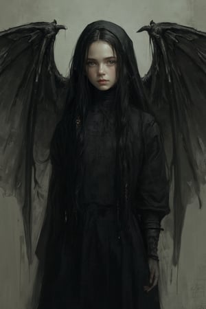 This image, likely a digital painting, showcases a young girl with pale skin and long, dark hair, dressed in a gothic nun outfit. Her large, bat-like wings add a supernatural element, suggesting a mix of innocence and darkness. The lighting is soft and diffused, creating a chiaroscuro effect that highlights her face and hands while casting shadows that enhance the gothic atmosphere. The background is a muted, neutral tone, slightly blurred to keep the focus on the girl. The use of deep blacks and subtle highlights gives the piece a haunting, ethereal quality. The composition is centered, with the girl's gaze directed forward, creating a sense of introspection. The image could be linked to the Romanticism movement due to its emotional depth and dramatic lighting.

aman0ayam1