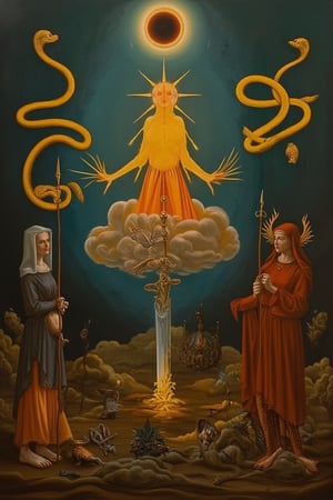 This image, likely from the Renaissance period, showcases a symbolic tableau with a central figure of a glowing, larger-scaled, Devine otherworldly goddess hovering in mid-air , flanked by two female saints, one of which is kneeling. The composition balances celestial and terrestrial elements, with a total eclipsed sun and yellow snakes in the background, symbolizing divine power. The use of rich, warm earth tones contrasts with the cool blues and greens, enhancing the mystical atmosphere. Detailed textures in the robes and intricate goldwork on the great sword highlight the artist's skill in rendering light and shadow. The piece evokes themes of spiritual enlightenment and divine grace. Esoteric elements and occult symbolism can be seen throughout.

dreamoeba