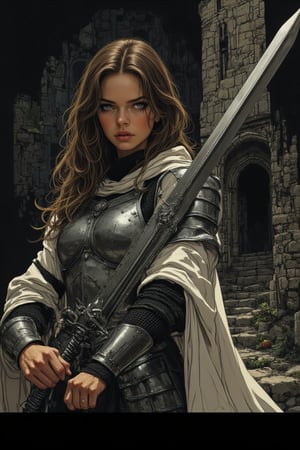 This is a highly detailed, Black and white dithered retro digital painting, featuring a female warrior in medieval armor, standing in front of a gothic castle. She has long, wavy brown hair, pale skin, and a determined expression. Her armor is silver with black chainmail underneath, and she wears a flowing white cape. She holds a large, ornate sword with both hands. Black background. Horror theme.

ct-pop2,illustration