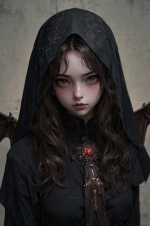 This image, likely a digital painting, showcases a young woman with pale skin and long, dark hair, dressed in a gothic nun outfit. Her large, bat-like wings add a supernatural element, suggesting a mix of innocence and darkness. The lighting is soft and diffused, creating a chiaroscuro effect that highlights her face and hands while casting shadows that enhance the gothic atmosphere. The background is a muted, neutral tone, slightly blurred to keep the focus on the girl. The use of deep blacks and subtle highlights gives the piece a haunting, ethereal quality. The composition is centered, with the girl's gaze directed forward, creating a sense of introspection. The image could be linked to the Romanticism movement due to its emotional depth and dramatic lighting.

aman0ayam1,REALNIME