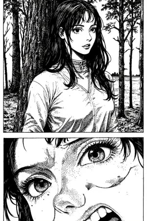 1girl, multi-panel, monochrome, comic, greyscale, female focus, paranormal, outdoors, tree, traditional media, nature, cosmic horror, forest,ink drawing,pen and ink realism,stipple shading,#giger,#jmanga,bw_pixel_anime