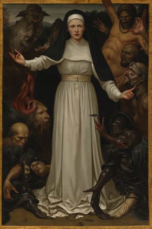 This image is a medieval religious illustration, likely from the 15th century, characterized by its Gothic style. The central figure, a nun, is depicted in a flowing white habit with a black veil, symbolizing purity and devotion. Her serene expression contrasts with the chaotic, menacing figures surrounding her, representing evil or temptation. The use of dark, muted colors with golden highlights creates a somber, dramatic atmosphere. The detailed textures and intricate line work suggest meticulous craftsmanship, typical of illuminated manuscripts. The composition and symbolism emphasize the struggle between good and evil.

dreamoeba