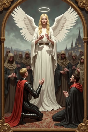 This is a detailed digital painting in a fantasy style. A white-robed, blonde angel with large, white wings stands in the center, halo above, extending hands in blessing. A knight in black armor and red cape kneels before her, sword sheathed. Surrounding them are robed figures, some kneeling, others standing, in muted earth tones. The background features a cloudy, ominous sky and distant, shadowy cityscape. The artwork is framed with ornate, gold designs, evoking a medieval or gothic aesthetic.



dreamoeba,Junji Ito