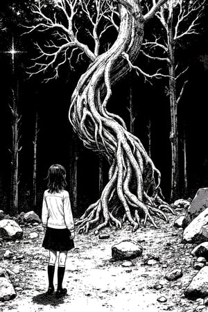 In a hauntingly beautiful, multi-panel comic, a lone girl stands amidst the eerie grandeur of a forest. Monochromatic greyscales evoke an otherworldly atmosphere as she gazes up at a twisted tree, its branches grasping like skeletal fingers towards the darkened sky. The traditional pen and ink realism technique imbues each stippled shading with a sense of texture and depth, drawing inspiration from H.R. Giger's cosmic horror. Inspired by Japanese manga (#jmanga), this piece whispers secrets of the unknown, as if the very forest itself was sharing ancient, eldritch truths with the girl, and through her, with us.