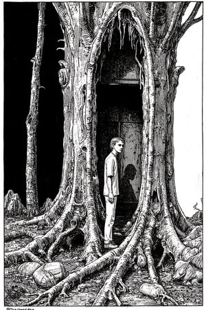 A black and white collage of three images. The left side of the image is dark, while the right side is lighter. There is a tree trunk on the left side. The tree trunk is dark gray. There are white lines running from the trunk to the right of the tree trunk. A person is standing in the middle of the trees trunk. The person is wearing a white shirt and has short blonde hair.,ink drawing,pen and ink realism,stipple shading,#giger,#jmanga