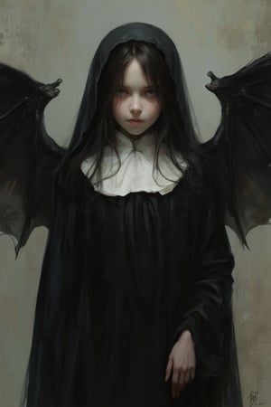 This image, likely a digital painting, showcases a young girl with pale skin and long, dark hair, dressed in a gothic nun outfit. Her large, bat-like wings add a supernatural element, suggesting a mix of innocence and darkness. The lighting is soft and diffused, creating a chiaroscuro effect that highlights her face and hands while casting shadows that enhance the gothic atmosphere. The background is a muted, neutral tone, slightly blurred to keep the focus on the girl. The use of deep blacks and subtle highlights gives the piece a haunting, ethereal quality. The composition is centered, with the girl's gaze directed forward, creating a sense of introspection. The image could be linked to the Romanticism movement due to its emotional depth and dramatic lighting.

aman0ayam1