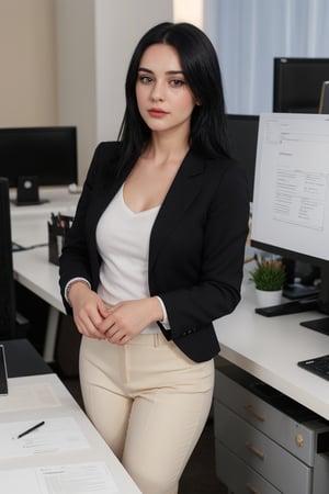 22 year old girl, solo, looking at viewer, blue eyes, black straight hair, closed mouth, artist name, lips, white shirt, black blazer, realistic, perfect hairstyle, office_lady, office, office dress, standing, looking straight, half body, attention position, More Detail