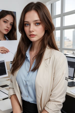 22 yr 1girl, solo, long hair, looking at viewer, blue eyes, brown hair, shirt, black hair, closed mouth, jacket, half body, artist name, lips, white shirt, black jacket, realistic, office_lady, office, straight position, looking straight, office dress,