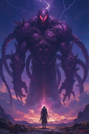 A towering, muscular Vilgax stands on a desolate alien battlefield, his red, glowing eyes burning with rage. His massive tentacles writhe behind him, his powerful arms crossed as he gazes at the stars, planning his conquest. The scene is set at twilight, with eerie purple skies and scattered lightning,Midjourneyart