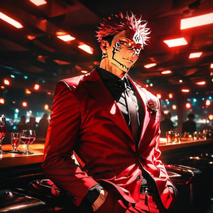 ((masterpiece)),high quality,8k, details, cinematic lights,solo, looking at viewer, short hair, shirt, red eyes, long sleeves, 1boy, sitting, jacket, pink hair, male focus, cowboy shot, necktie, collared shirt, pants, indoors, vest, cup, black shirt, tattoo, facial mark, formal, suit, spiked hair, red jacket, drinking glass, hands in pockets, wine glass, undercut, facial tattoo, red pants, extra eyes, itadori yuuji, ryoumen sukuna \(jujutsu kaisen\),Niji journey