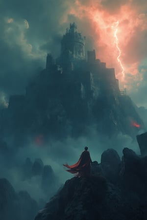 A dramatic, atmospheric shot of LOGO features a colossal, decrepit fortress precariously situated atop a rugged mountain peak, shrouded by ominous, churning storm clouds. A brilliant lightning strike casts deep shadows across the weathered stone walls, as howling winds reverberate through the deserted halls. Amidst the turmoil, a solitary figure stands resolute on the battlements, their flowing cape dramatically sweeping in the tempestuous gusts, rendered in bold, vivid hues.