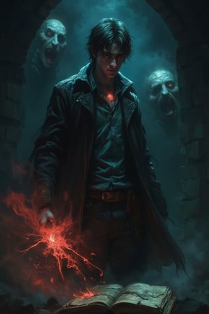 Harry Potter in a shadowy dungeon, his eyes glowing with an unnatural crimson. His wand crackles with dark energy as black mist surrounds him. Torn, cursed pages of ancient spellbooks fly around, and ghostly faces can be seen screaming in the background,Midjourneyart