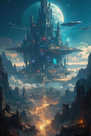 A colossal futuristic city floating above a distant alien planet, surrounded by glowing nebulae and distant stars. The city is a labyrinth of towering skyscrapers, shimmering with neon lights, connected by sleek, floating bridges. Giant ships glide through the air, leaving trails of light. Below, the planet's surface is a mix of dense alien forests and shimmering lakes, bathed in the light of twin suns. The atmosphere is surreal, with mist swirling around the edges of the city, and glowing holograms projected in the air,Midjourneyart