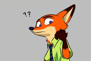 source_render,1boy,solo,Nick_Wilde,zootopia,upper_body,confused,looking_to_the_side,open_mouth,green_shirt,white_background