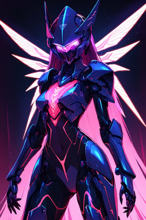 a alien seductress woman, with some mechanical armor in her body, she have some nazca lines in all her body  all,glowing in a neon random color light, she have a tecnological wings in her back