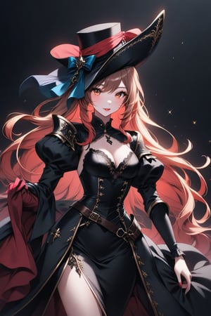 a medium shot, of a seductress girl, dressed as a musketeer, having a amall hat, her dress color is black and the deails in her dress are random colors, her hair is randomly selected.