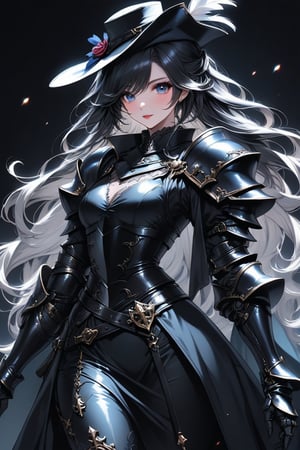 a medium shot, of a seductress girl, dressed as a musketeer, having a small hat with a feather, her armor color is black and the deails in her dress are random colors, her hair is randomly selected.