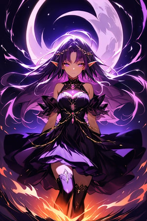 medium shot of an ethereal elf's face, illuminated by soft, purple lunar light. Dark, swirling magic coursing through her veins like a midnight river, contrasting her fiery locks which seem to embody both the radiant warmth of the moon and the purple glow of the moon. Her features are aglow with an otherworldly intensity.