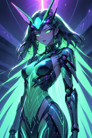 a alien seductress woman, with some mechanical armor in her body, she have some nazca lines in all her body that resemble animals all,glowing in a neon blue, green, purple light