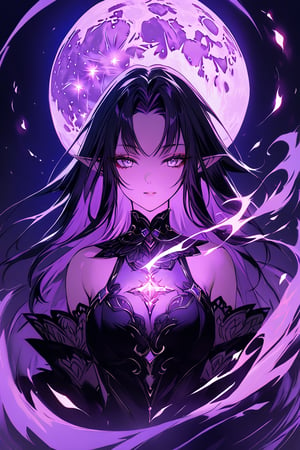 medium shot of an ethereal elf's face, illuminated by soft, purple lunar light. Dark, swirling magic coursing through her veins like a midnight river, contrasting her fiery locks which seem to embody both the radiant warmth of the moon and the purple glow of the moon. Her features are aglow with an otherworldly intensity.