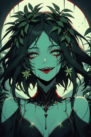 a medium shot, of a seductress raflesia plant woman, with a bloodthirsty face, and a tetric smile.