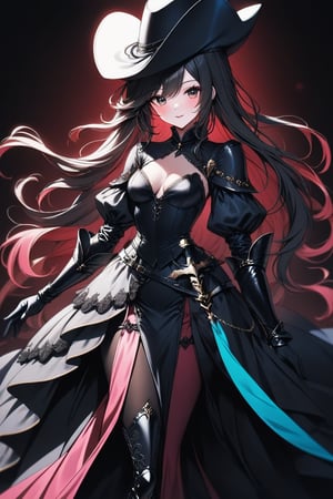 a medium shot, of a seductress girl, dressed as a musketeer, having a amall hat, her dress color is black and the deails in her dress are random colors, her hair is randomly selected.