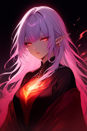 medium shot of an ethereal elf's face, illuminated by soft, purple red light. Dark, swirling magic coursing through her veins like a midnight river, contrasting her fiery locks which seem to embody both the radiant warmth of the moon and the blooded glow of the moon. Her features are aglow with an otherworldly intensity.