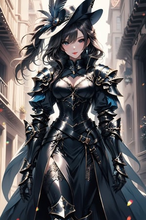 a medium shot, of a seductress girl, dressed as a musketeer, having a small hat with a feather, her armor color is black and the deails in her dress are random colors, her hair is short and the color is random.