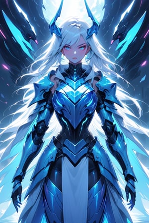 a medium shot of a seductres woman, with a white and blue tecnolocial armor, with neon colors,  her armor resembles a killer wale.