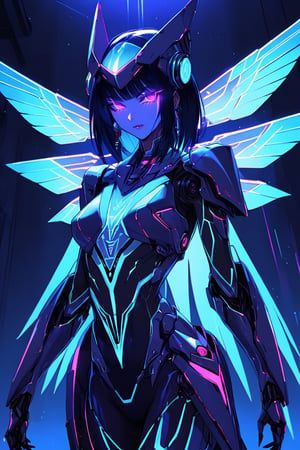 a alien seductress woman, with some mechanical armor in her body, she have some nazca lines in all her body  all,glowing in a neon random color light, she have a tecnological wings in her back