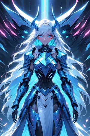 a medium shot of a seductres woman, with a white and blue tecnolocial armor, with neon colors,  her armor resembles a killer wale.