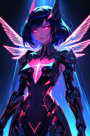 a alien seductress woman, with some mechanical armor in her body, she have some nazca lines in all her body  all,glowing in a neon random color light, she have a tecnological wings in her back