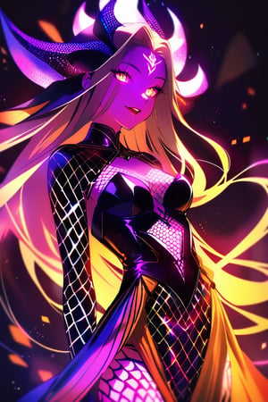 a medium shot, of a seductress siren, glowing with marks of dark energy that resembles tattos in her body, with a crazy face, and glowing neon scales around her body 