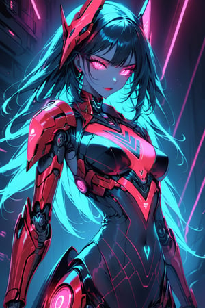 a alien seductress woman, with some mechanical armor in her body, she have some nazca lines in all her body, glowing in random color neon  light