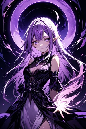 medium shot of an ethereal elf's face, illuminated by soft, purple lunar light. Dark, swirling magic coursing through her veins like a midnight river, contrasting her fiery locks which seem to embody both the radiant warmth of the moon and the purple glow of the moon. Her features are aglow with an otherworldly intensity.