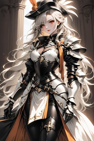 a medium shot, of a seductress girl, dressed as a musketeer, having a small hat with a feather, her armor color is black and the deails in her armor are orange, she have long hair and the color is is black and white .