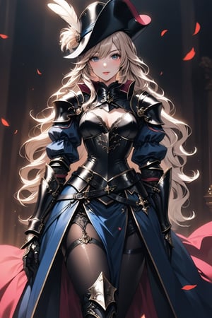 a medium shot, of a seductress girl, dressed as a musketeer, having a small hat with a feather, her armor color is black and the deails in her dress are random colors, her hair is randomly selected.