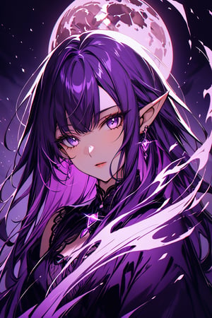 medium shot of an ethereal elf's face, illuminated by soft, purple lunar light. Dark, swirling magic coursing through her veins like a midnight river, contrasting her fiery locks which seem to embody both the radiant warmth of the moon and the purple glow of the moon. Her features are aglow with an otherworldly intensity.