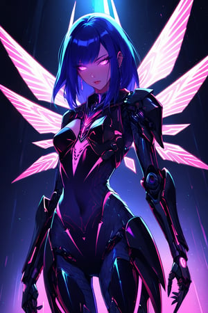 a alien seductress woman, with some mechanical armor in her body, she have some nazca lines in all her body  all,glowing in a neon random color light, she have a tecnological wings in her back