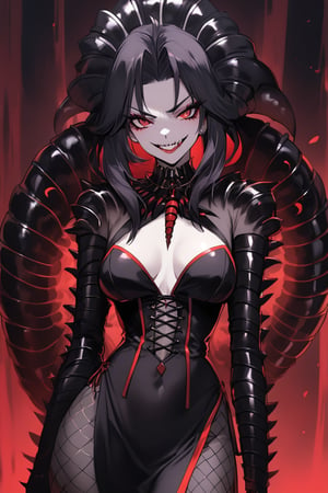 a medium shot, of a seductress scolopendra girl, with a cruel smile