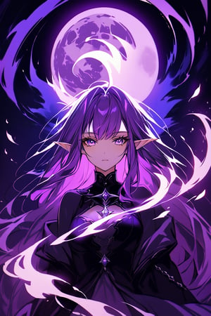 medium shot of an ethereal elf's face, illuminated by soft, purple lunar light. Dark, swirling magic coursing through her veins like a midnight river, contrasting her fiery locks which seem to embody both the radiant warmth of the moon and the purple glow of the moon. Her features are aglow with an otherworldly intensity.