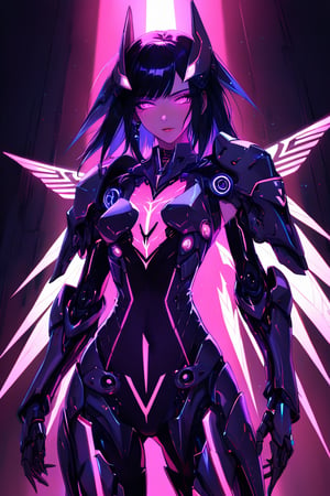 a alien seductress woman, with some mechanical armor in her body, she have some nazca lines in all her body  all,glowing in a neon random color light, she have a tecnological wings in her back