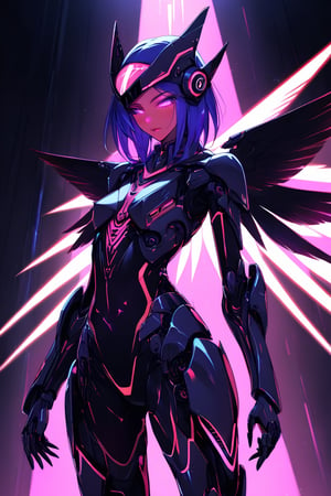 a alien seductress woman, with some mechanical armor in her body, she have some nazca lines in all her body  all,glowing in a neon random color light, she have a tecnological wings in her back