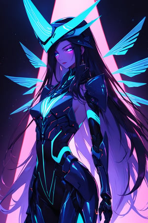 a alien seductress woman, with some mechanical aerodinamic armor in her body, she have some nazca lines in all her body  all,glowing in a neon random color light, she have a big tecnological wings in her back and long hair