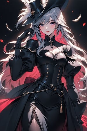 a medium shot, of a seductress girl, dressed as a musketeer, having a small hat with a feather, her dress color is black and the deails in her dress are random colors, her hair is randomly selected.