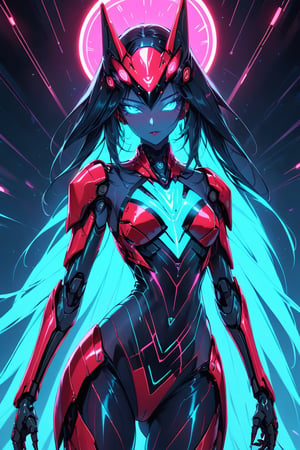 a alien seductress woman, with some mechanical armor in her body, she have some nazca lines in all her body that resemble animals all,glowing in random color neon  light