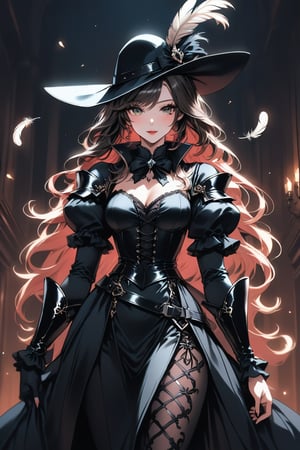 a medium shot, of a seductress girl, dressed as a musketeer, having a small hat with a feather, her dress color is black and the deails in her dress are random colors, her hair is randomly selected.