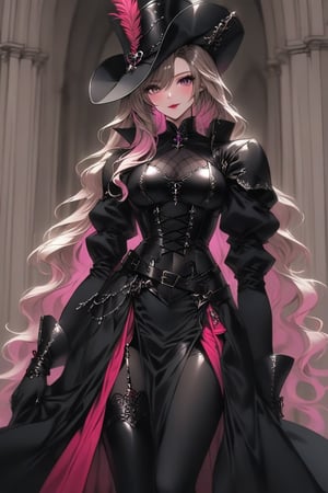 a medium shot, of a seductress girl, dressed as a musketeer, including a small pointy hat, her dress color is black and the deails in her dress are random colors, her hair is randomly selected.